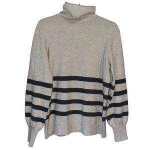 Michael Kors Wool Alpaca Blend Sweater Oatmeal w/Gray Stripes Balloon Sleeve